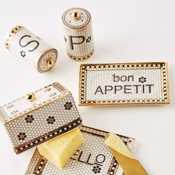 Anthropologie Bistro Tile Stoneware Salt Pepper Shaker Set 3 Pcs Mosaic New - Picture 3 of 5